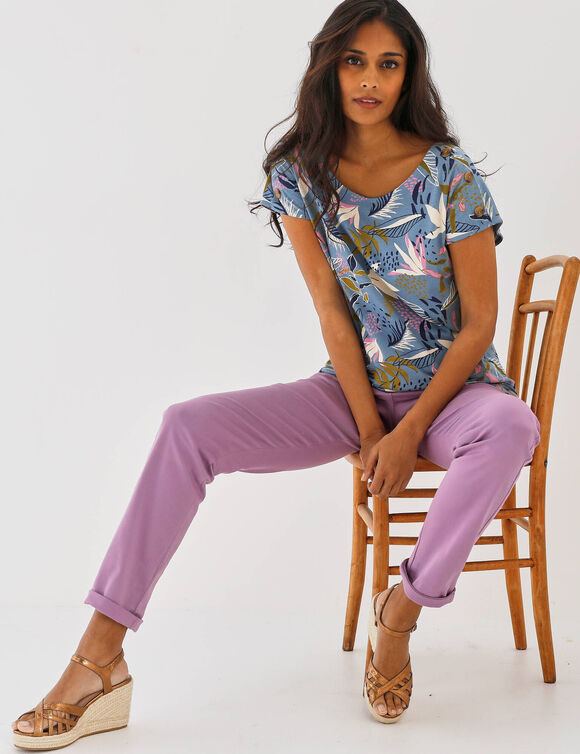 T-shirt col rond imprim&eacute; tropical (bleu / kaki)