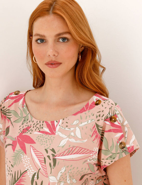 T-shirt col rond imprim&eacute; tropical (rose / vert)