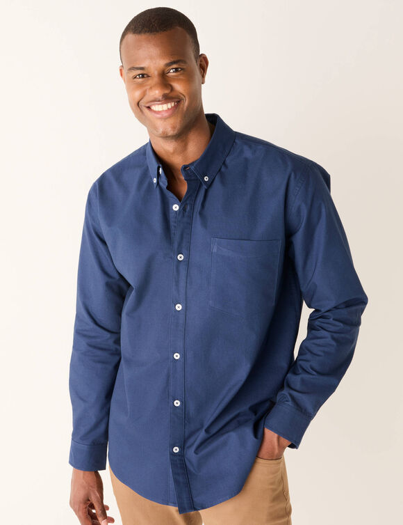Chemise boutonn&eacute;e unie Oxford manches longues (bleu ardoise)