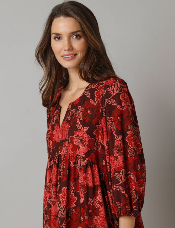 Robe courte imprimée, manches 3/4 (bordeaux / rose)