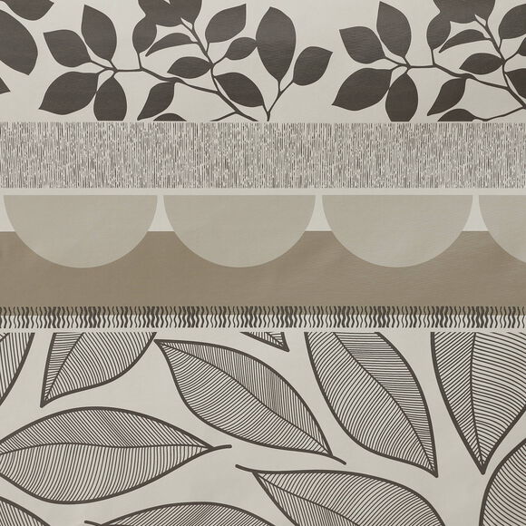 Nappe toile cirée imprimé feuilles et chemin de table (taupe / blanc)