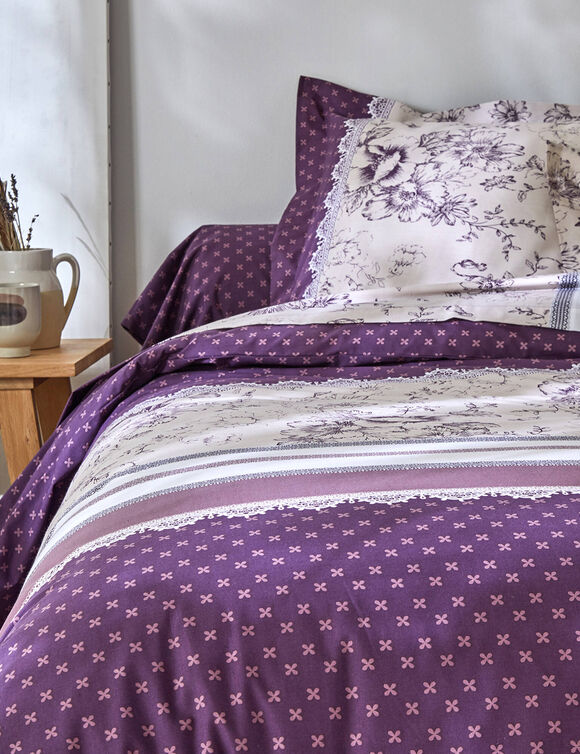 Linge de lit Gabrielle imprim&eacute; pois-fleurs-dentelle - flanelle 150 g/m&sup2; (prune)