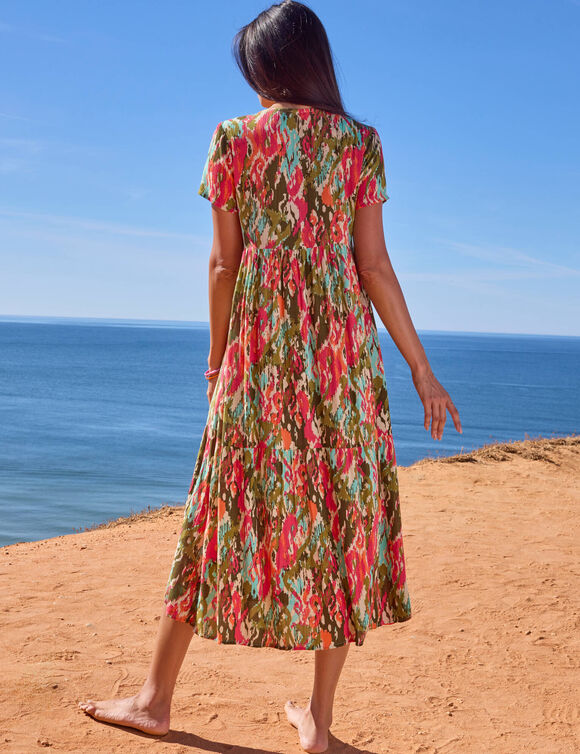 Robe col V longue imprim&eacute;e, cr&eacute;pon (kaki / rose)