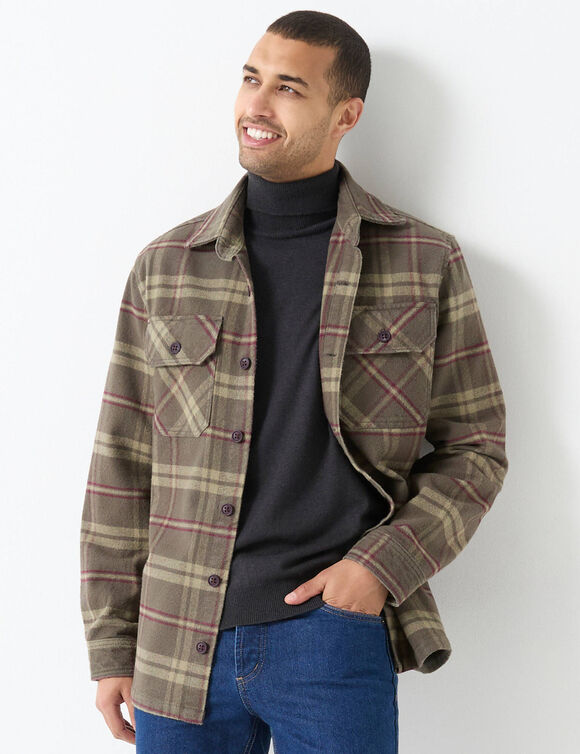 Surchemise boutonnée flanelle carreaux qualité lourde (kaki / bordeaux)