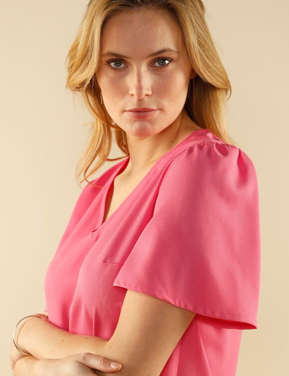 Blouse unie col V manches courtes (rose)