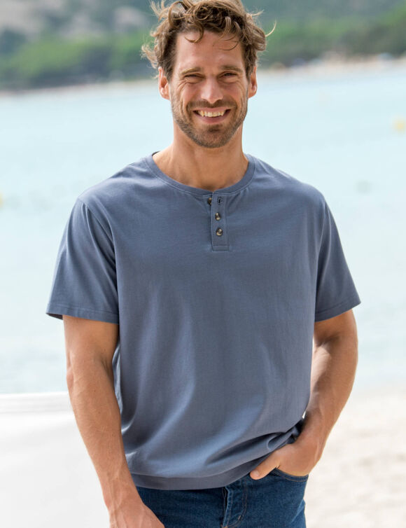 Comfortabel Henley T-shirt met korte mouwen - biologisch katoen (jeansblauw)