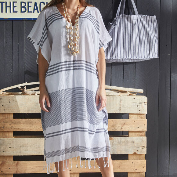 Gestreepte strandponcho, fouta stijl (wit / grijs)