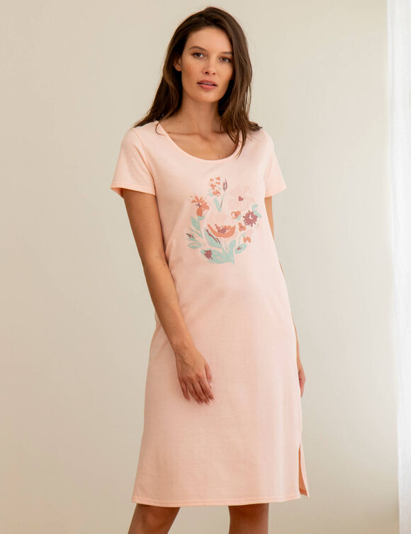Chemise de nuit courte motif plac&eacute; fleurs manches courtes  (rose p&acirc;le)