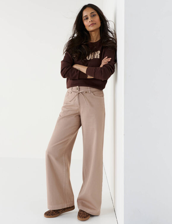 Wijde broek met hoge taille en halfelastische tailleband met strikje, katoen (donkerbeige)