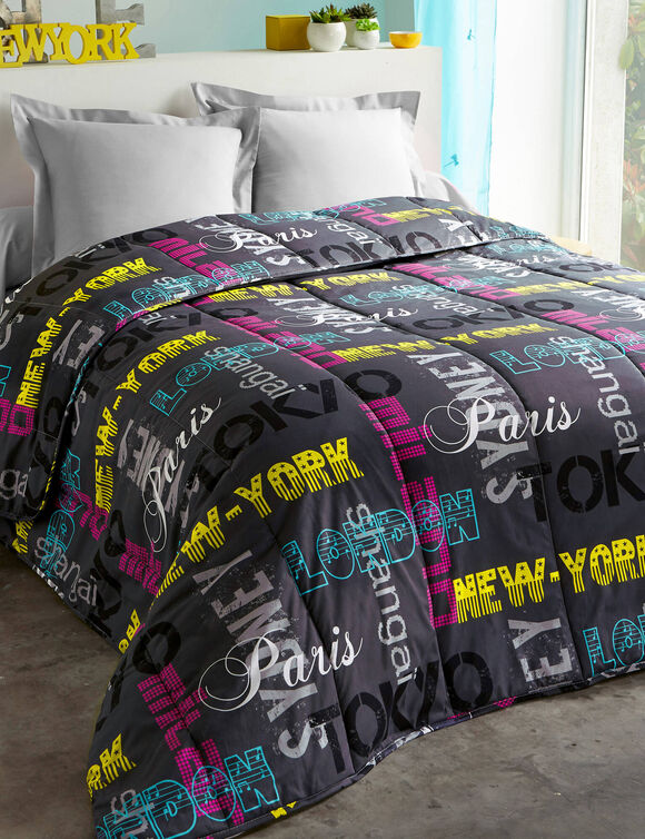 Couette coton imprim&eacute;e Capitales 200 g/m&sup2; (noir)