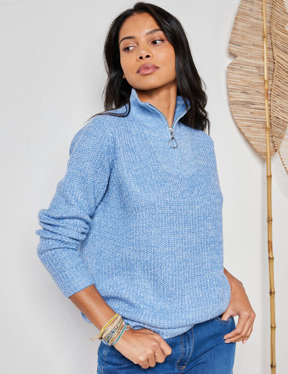 Pull col zipp&eacute;, maille anglaise (bleu chin&eacute;)