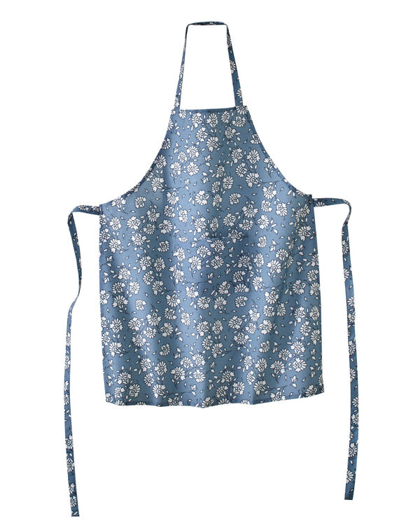 Tablier bavette anti tache imprimé fleurs indiennes (bleu jean / blanc)