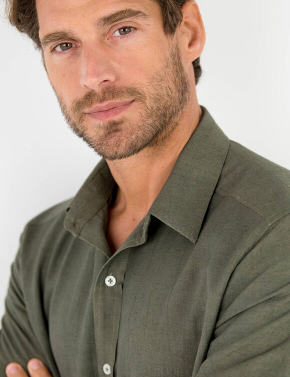 Hemd in katoen-linnen, lange mouwen en knoopsluiting (kaki)