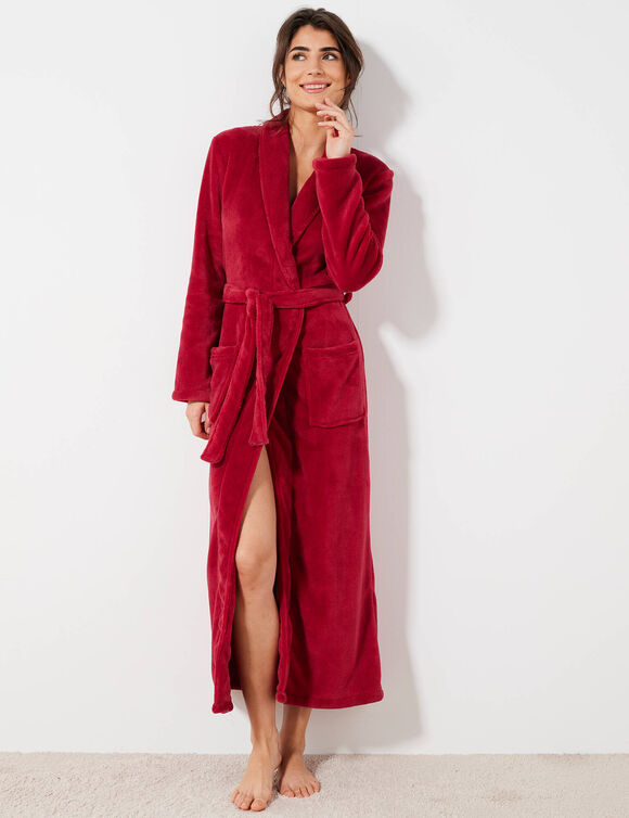 Fleece-badjas met pluche-achtige textuur en lange mouwen, lengte 130 cm (kersenrood)