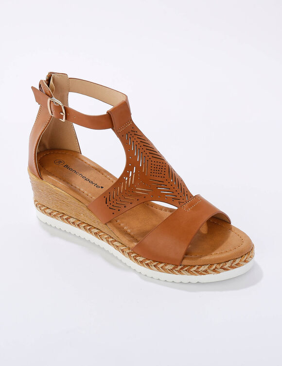 Sandales compens&eacute;es ajour&eacute;es (caramel)