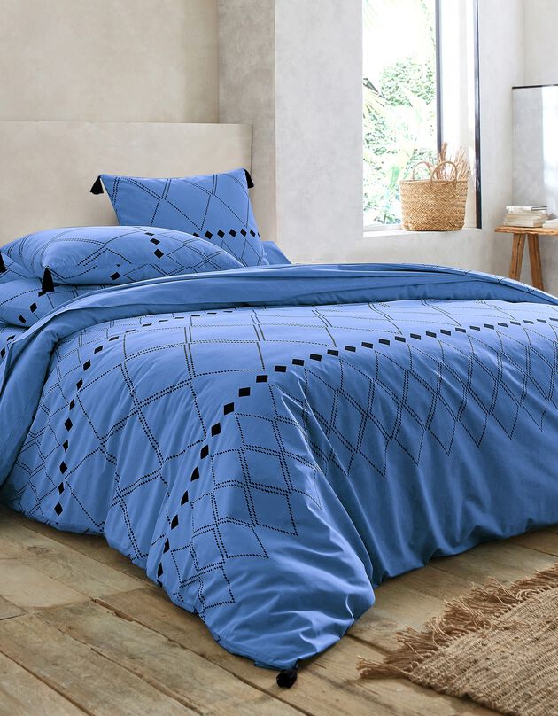 Linge de lit Massai coton à motifs graphiques et finitions pompons, bleu océan, hi-res