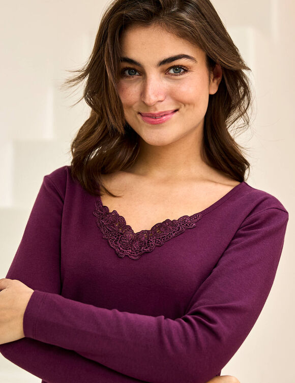 T-shirt chaleur manches longues col en dentelle - lot de 2 (prune)