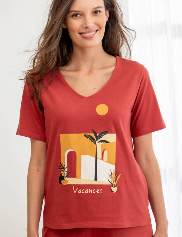 Pyjama short coton imprim&eacute; "vacances" manches courtes  (tomette)