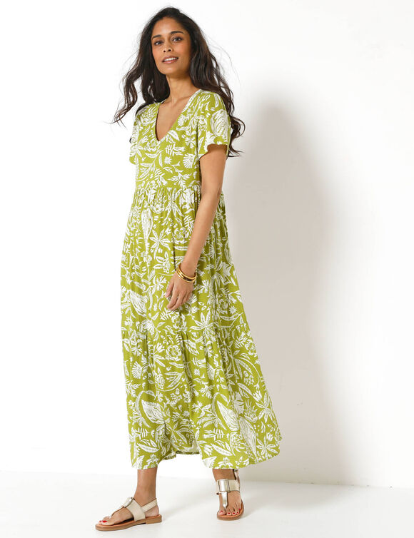 Robe longue imprim&eacute;e col V, cr&eacute;pon (vert mousse / blanc)