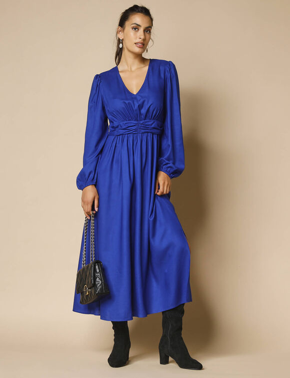Robe longue unie, ceinture fantaisie (bleu)