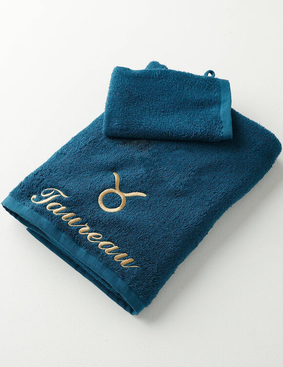 Serviettes de bain brodées Taureau - 420g/m2 (bleu paon)