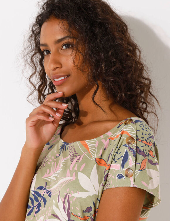 T-shirt col rond imprim&eacute; tropical (kaki / rose)