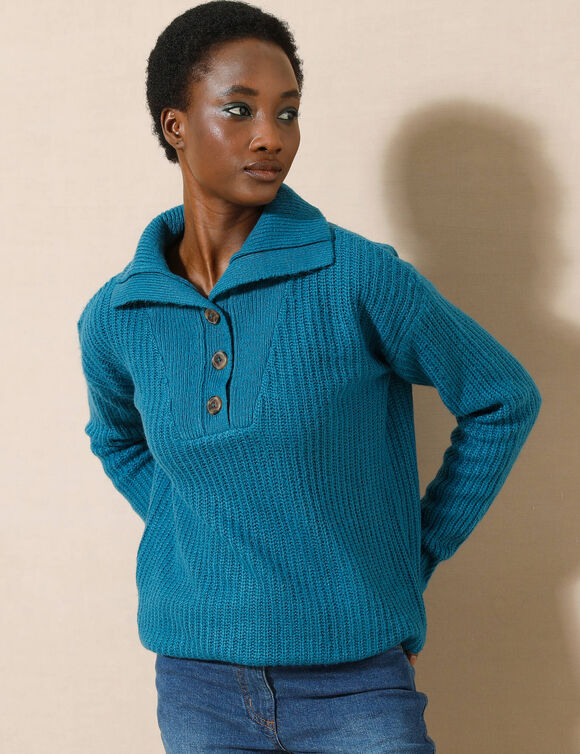 Pull col camionneur, maille anglaise toucher doux (bleu prusse)