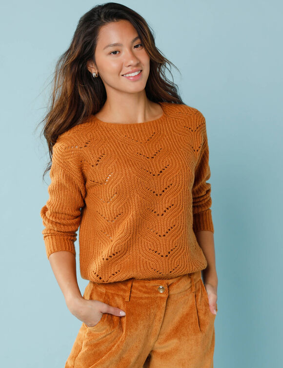 Trui met lange mouwen en ronde hals, pareltricot, speciaal voor kleine lengtes (honing)