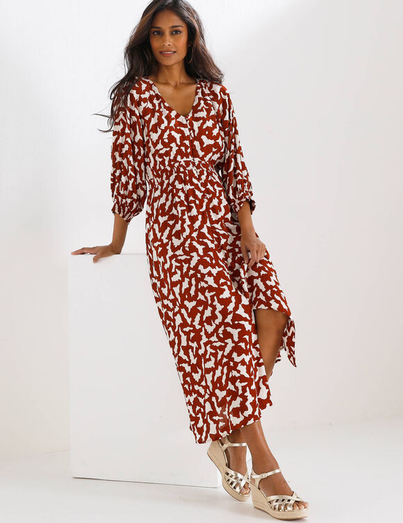 Robe longue boutonn&eacute;e, cr&eacute;pon, imprim&eacute; graphique (terracotta / &eacute;cru)