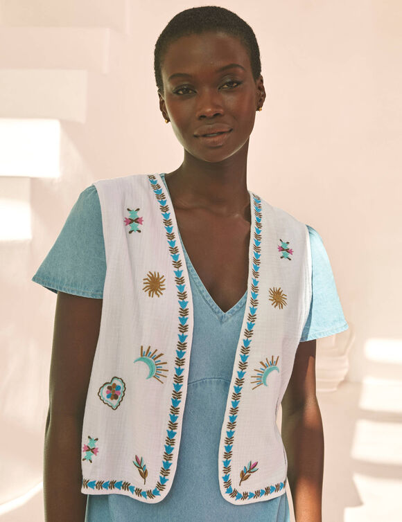 Veste brod&eacute;e en gaze de coton (&eacute;cru / bleu)