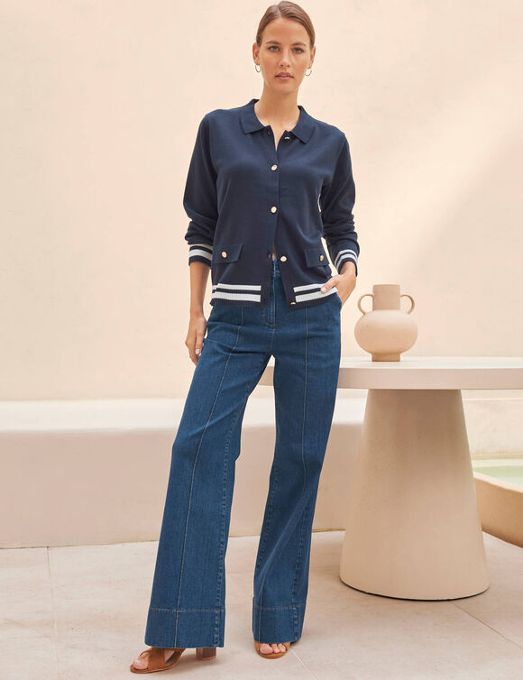 Gilet col polo, coton m&eacute;lang&eacute; (marine / blanc)