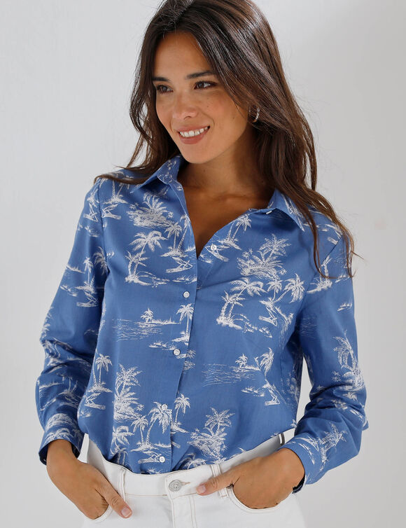 Chemise imprim&eacute; palmiers bicolore (bleu / blanc)