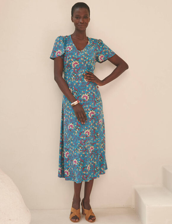 Robe longue col V imprim&eacute;e, manches papillon (bleu / rose)