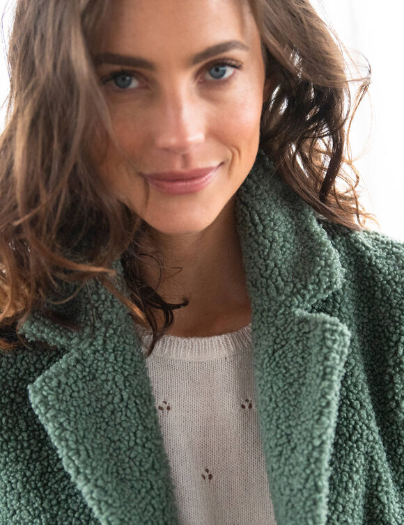 Manteau maille bouclette col tailleur (vert grisé)