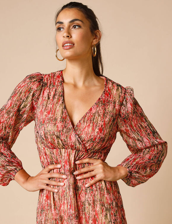 Robe longue décolleté cache-coeur, voile imprimé (kaki / bordeaux)
