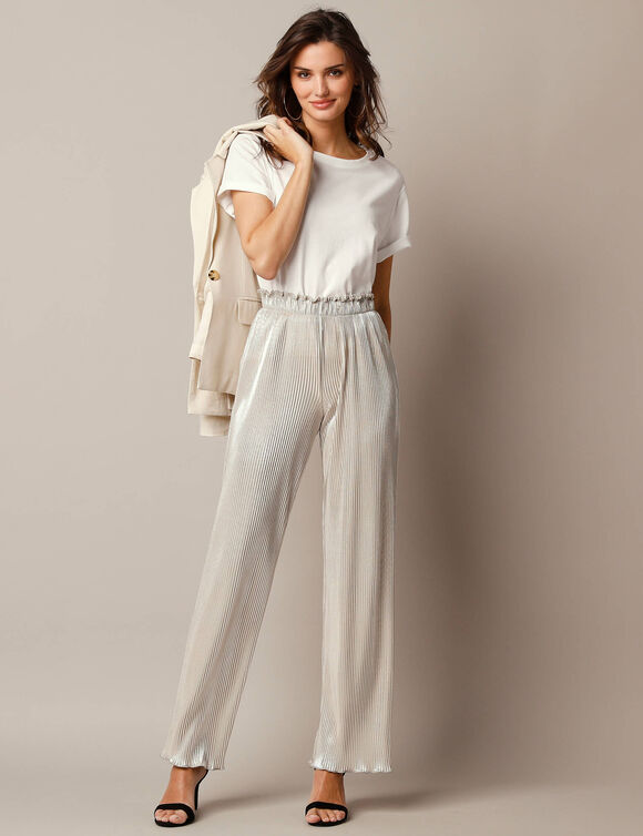 Pantalon large uni, maille plissée (doré)