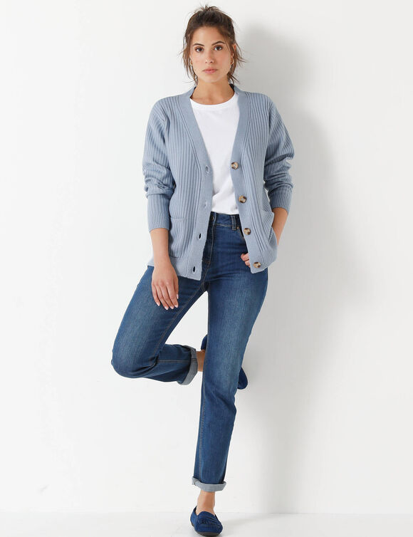 Gilet col V, maille côtelée (bleu grisé)