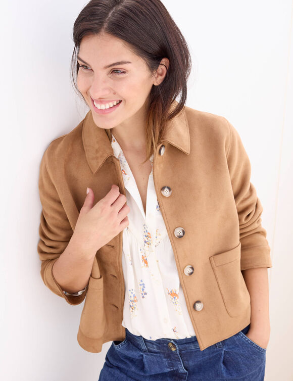 Veste en su&eacute;dine mi-longue, boutonn&eacute;e (noisette)