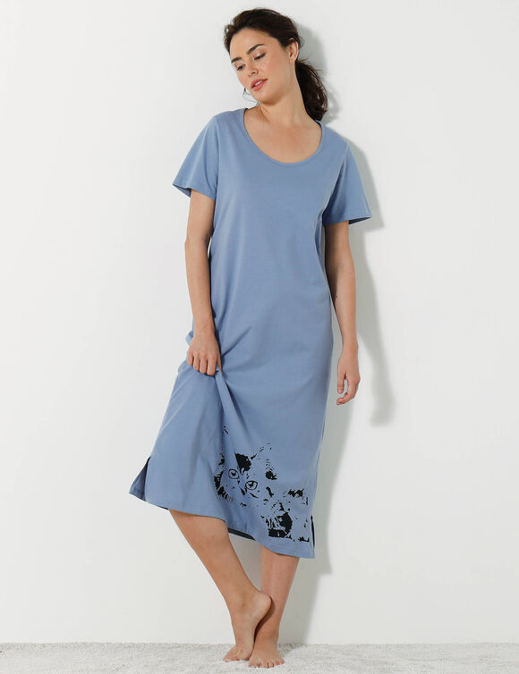 Lang nachthemd met poesprint - set van 2 (celadon / blauw)