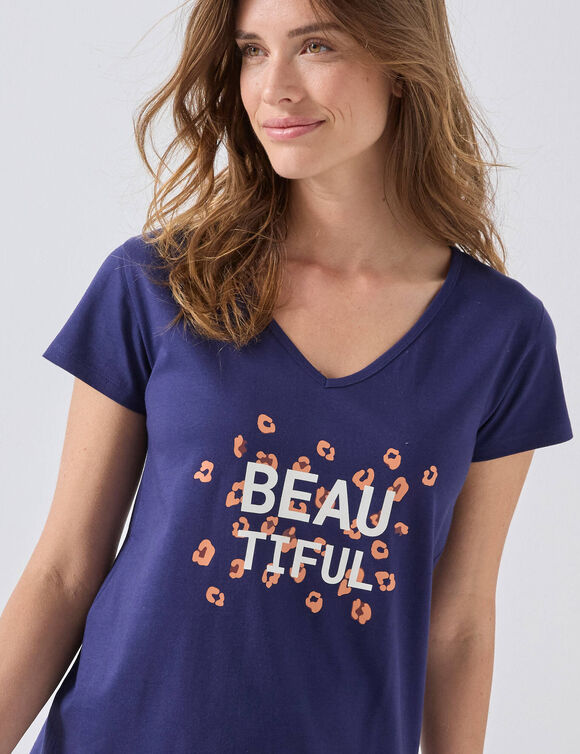 Tee-shirt manches courtes coton uni imprimé placé "Beautiful" (bleu marine)
