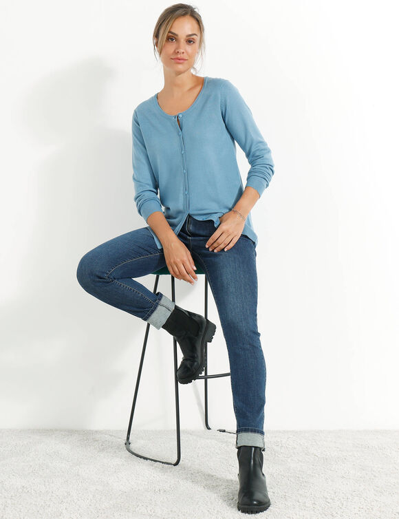 Cardigan boutonné col rond uni, toucher doux (bleu grisé)