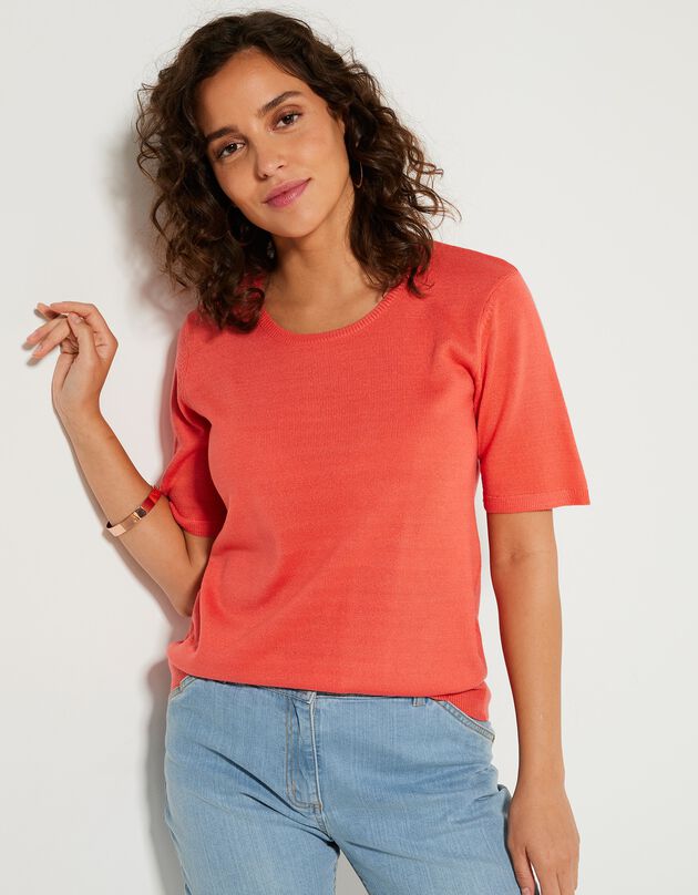 Pull uni manches courtes toucher cachemire (corail)