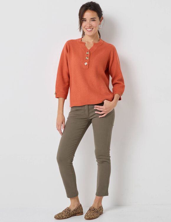 Trui met Tunesische hals en 3/4-mouwen, fantasietricot (donkeroranje)