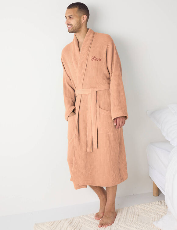 Unisex badjas met sjaalkraag, personaliseerbaar &ndash; drievoudig katoengaas (praline)