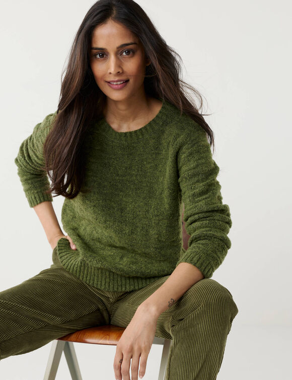Pull col rond, maille fantaisie en laine m&eacute;lang&eacute;e (vert mousse)