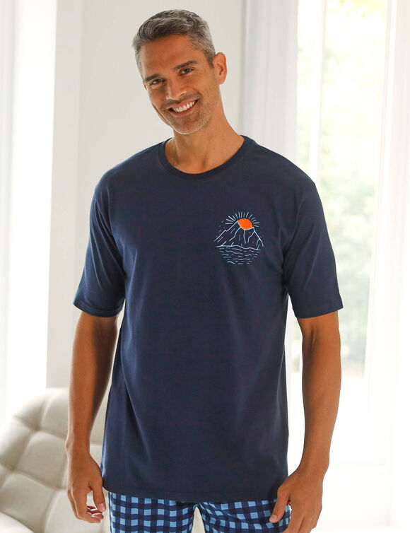 Pyjamashirt in katoen, geplaatste print en korte mouwen (marine)