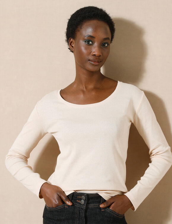 Effen T-shirt met lange mouwen in biokatoen(**) (beige)