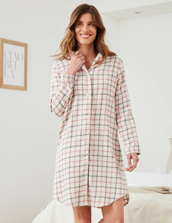 Chemise de nuit en flanelle forme liquette tiss&eacute; teint carreaux (&eacute;cru / rose)