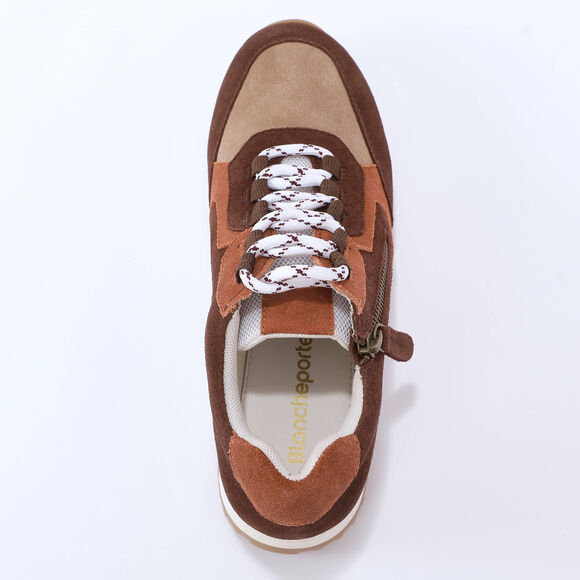 Leren sneakers met contrasterende decoratieve inzetstukken (chocolade)