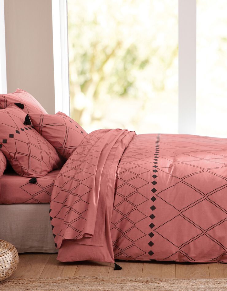 Linge de lit Massai coton à motifs graphiques et finitions pompons (terracotta)